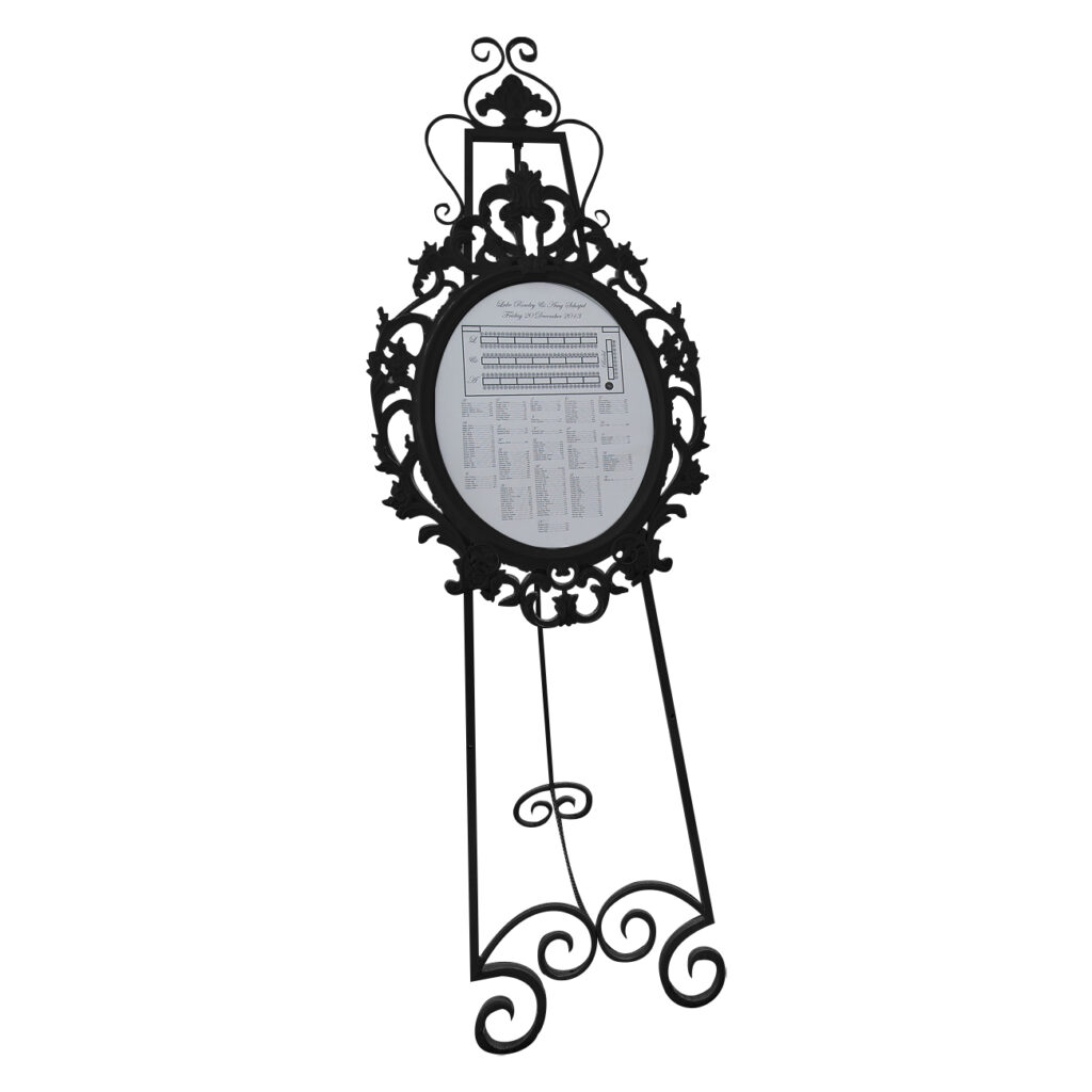 Black wrought iron stand - available for hire separately ($26.00)

1.5m high with a Baroque style frame (internal oval measurement 40cm wide by 49cm length).

 