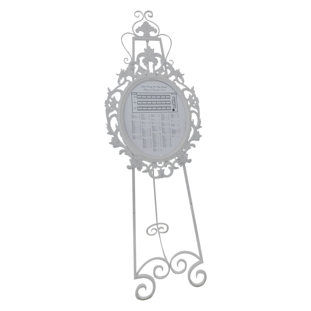 White wrought iron stand - available for hire separately ($26.00)

1.8m high with a Baroque style frame (internal oval measurement 40cm wide by 49cm length).

 

 