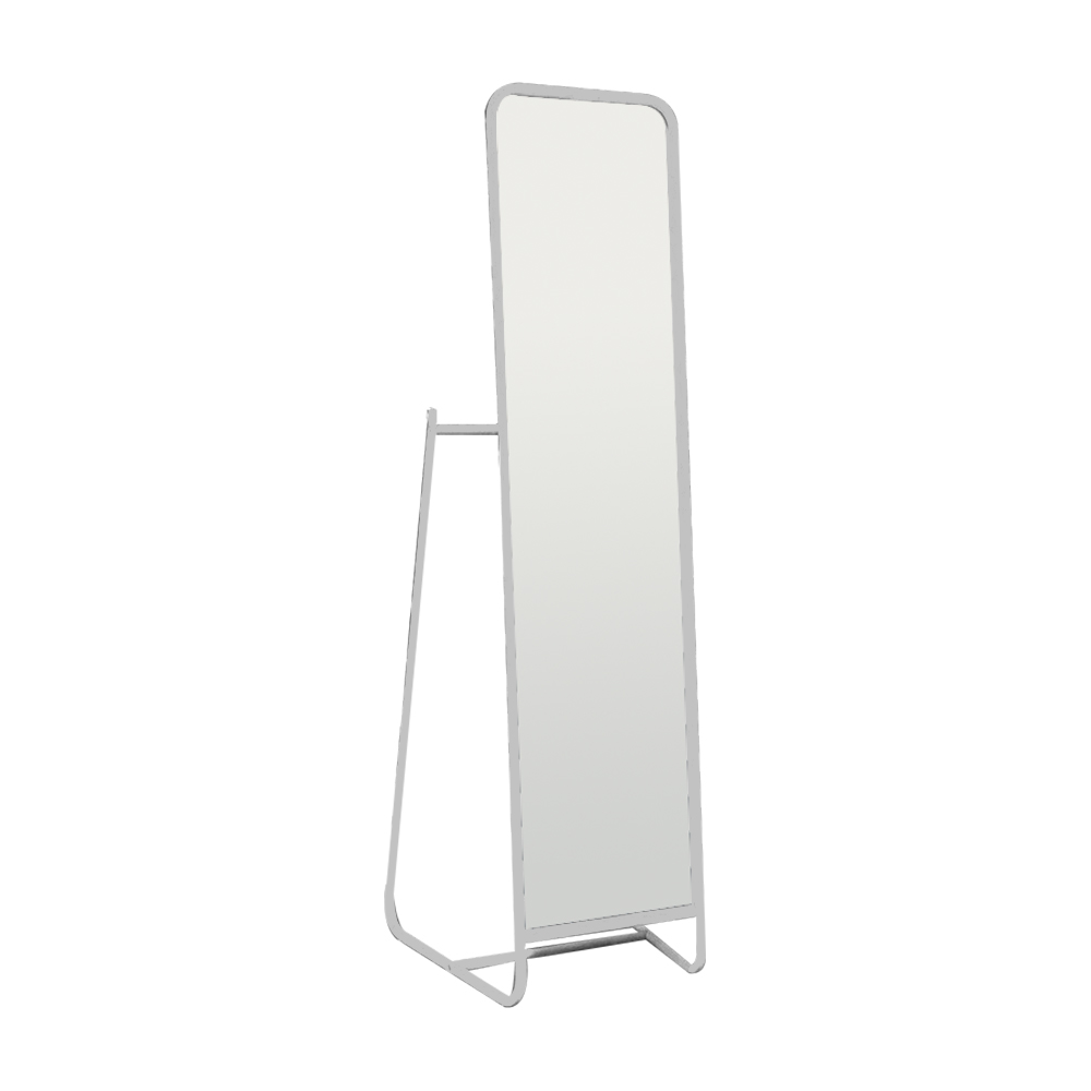  

White metal frame cheval mirror with hooks on the back of mirror to hang items, 160cm H X 48cm W