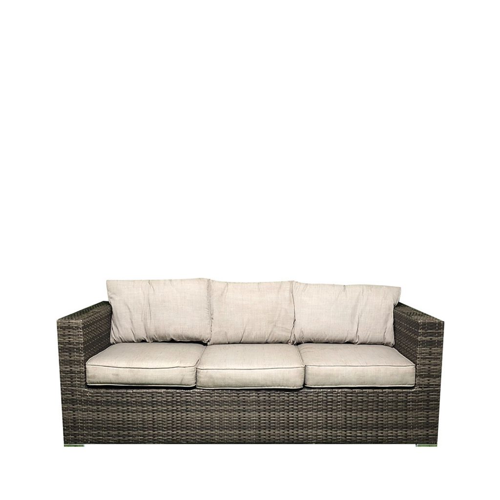 Brown wicker 3 Seater lounge with a light grey cushion

Get the complete Wicker Lounge set for $400

Set Includes:

1 x 3 Seater Lounge

1 x 2 Seater Lounge - available to hire separately for $100

1 x Matching Coffee Table - available to hire separately for $50.00

2 x Single Arm Chairs - available to hire separately for $50.00