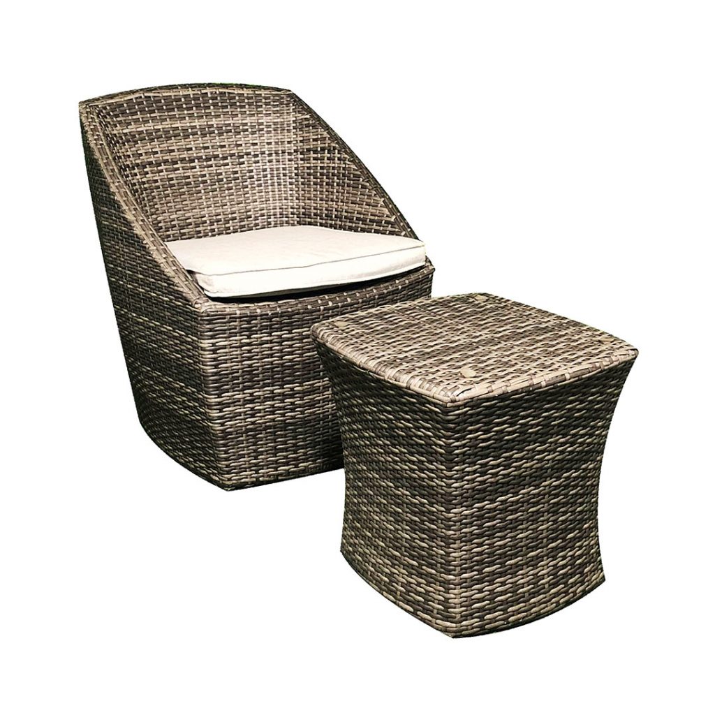 Two wicker tub chairs and a matching coffee table