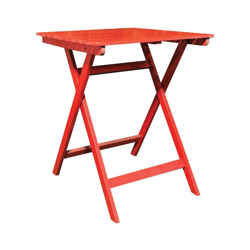 Our square red timber café table is suitable for any indoor or outdoor function.
