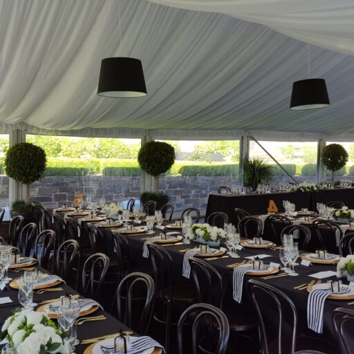 Wedding-at-beechwood-gardens-with-a-10m-x-18m-solid-toof-pavilion-with-Roof-Lining-Bentwood-Chairs-Black-Linen-and-Gold-Crockery-and-cutlery