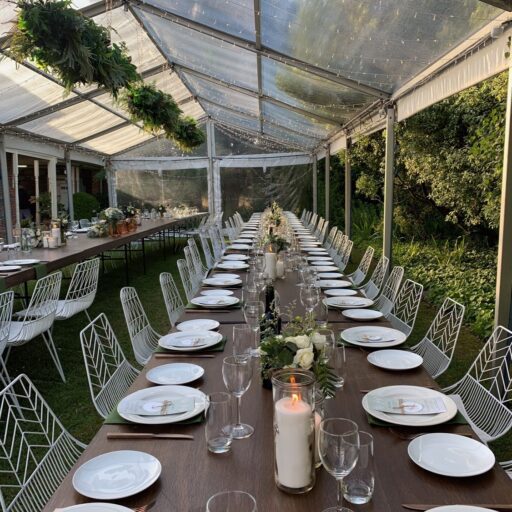 Wedding-6m-x-18m-Clear-Pavilion-with-Stained-Timber-Tables-Wire-Chairs-Crockery-Cutlery-and-Glassware