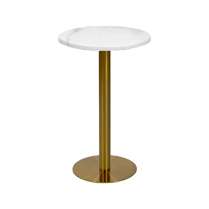 70cm round Gold Base bar table perfect for stand-up cocktail events.